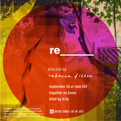 Rebecca's body twists in a leafy garden. A yellow, red and pink transparent overlay partially covers the image with white text reading 