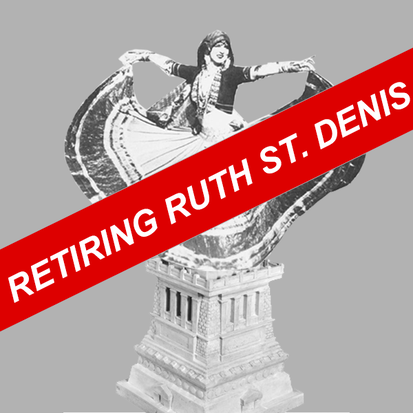 Image Description: In a black and white archival photo, a white woman throws her arms out, long skirt falling from her fingertips. Her head is covered and she wears a cropped shirt. She wears heavy jewelry. Rebecca has edited the photo so that St. Denis stands atop the Statue of Liberty's plinth. Over the top of the composite reads, 
